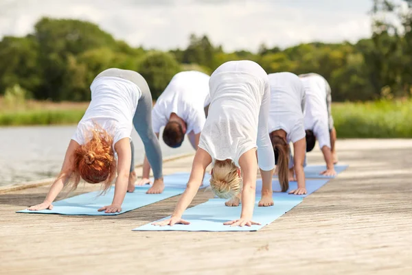 Grupo de personas haciendo yoga perro pose al aire libre —  Fotos de Stock