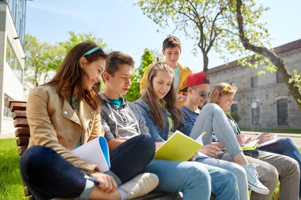 Gruppo di studenti con quaderni nel cortile della scuola — Foto Stock