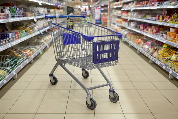 Puste zakupy koszyka lub wózek w supermarkecie — Zdjęcie stockowe