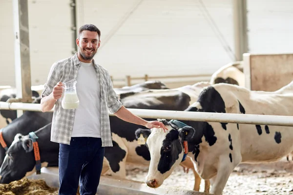 Hombre o agricultor con leche de vaca en la explotación lechera —  Fotos de Stock