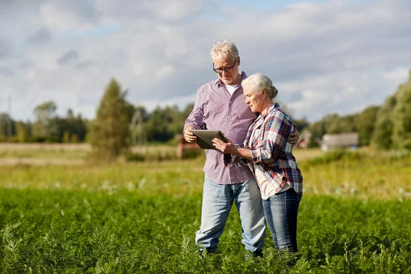 快乐的老夫妇在暑期农场用平板电脑 — 图库照片