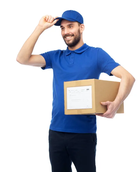 Happy delivery man with parcel box — Stock Photo, Image