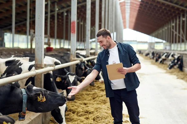 Agricultor con portapapeles y vacas en establo en la granja —  Fotos de Stock