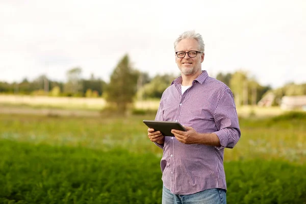 Seniorin mit Tablet-PC im Landkreis — Stockfoto