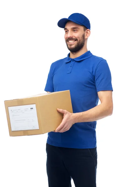 Uomo di consegna felice con pacco scatola — Foto Stock