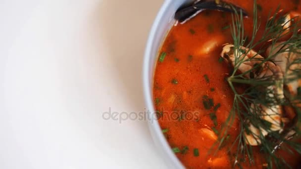 Close up van zeevruchten soep met vis en mosselen — Stockvideo