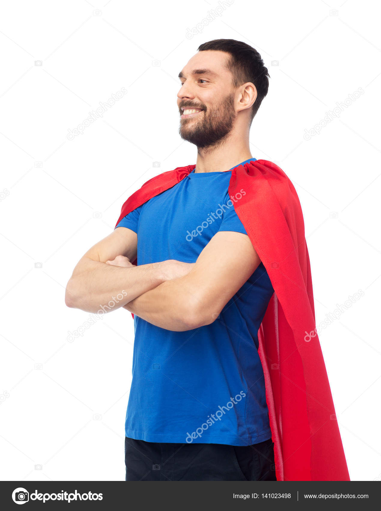 Happy Man In Red Superhero Cape Stock Photo C Syda Productions