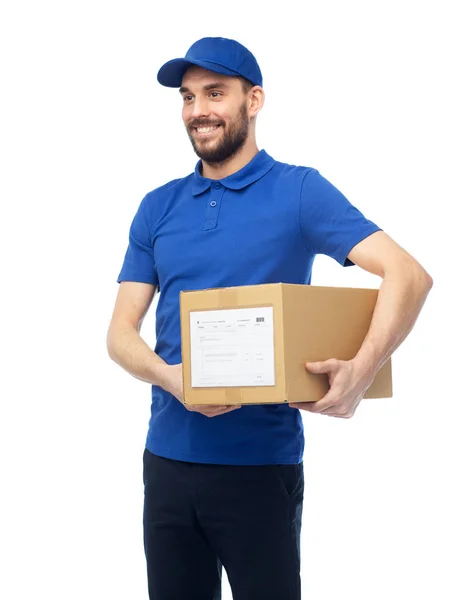 Happy delivery man with parcel box — Stock Photo, Image