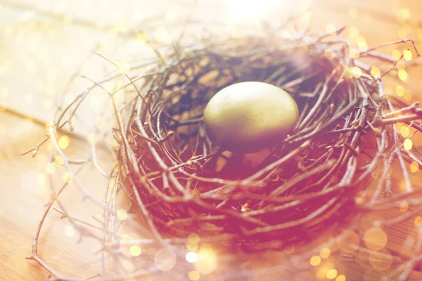 Altın Paskalya yumurta yuvada ahşap üzerine yakın çekim — Stok fotoğraf