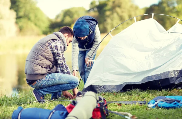 Happy father and son setting up tent outdoors — Stock Photo, Image