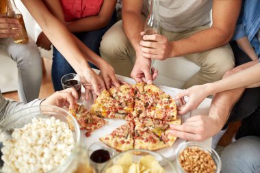close up of people taking pizza slices at home clipart