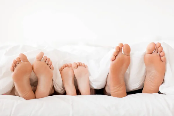 Suelas desnudas de pies felices de familia en la cama en casa —  Fotos de Stock