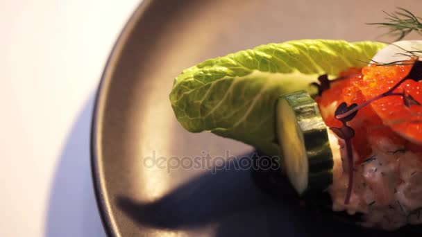 Close up of toast skagen with caviar and bread — Stock Video