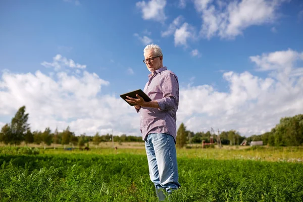 Idősebb ember, tabletta pc számítógép megyei — Stock Fotó