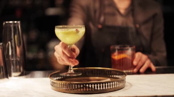 Barmaid com copos de coquetéis no bar — Vídeo de Stock
