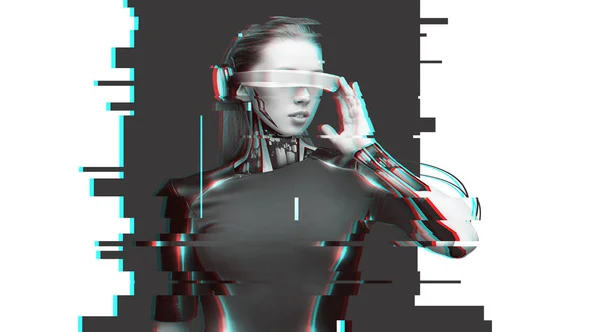 Cyborg donna con occhiali e sensori futuristici — Foto Stock