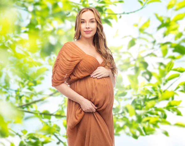 Szczęśliwa Kobieta w ciąży na lato zielone tło Zdjęcie Stockowe