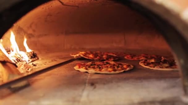 ピザ屋のオーブンで焼くピザを置くことの皮 — ストック動画