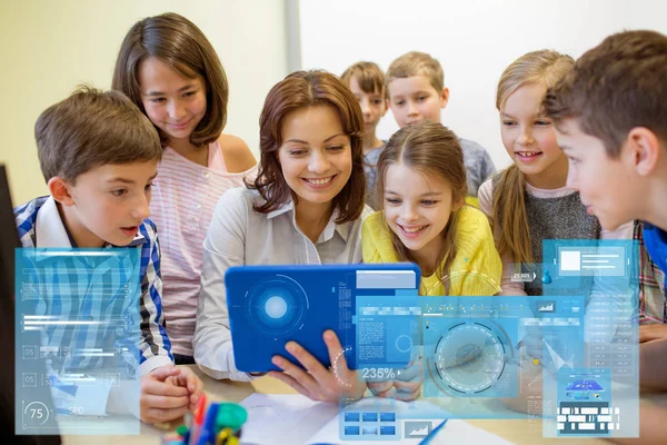 Group of kids with teacher and tablet pc at school — Stock Photo, Image