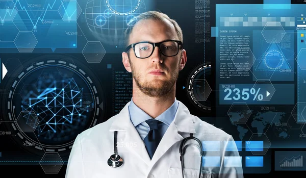 Close up of doctor in white coat with stethoscope — Stock Photo, Image