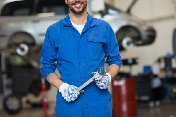 Auto mechanic or smith with wrench at car workshop — Stock Photo, Image