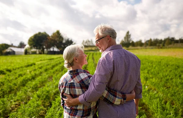 Happy senior couple at summer farm — Stock Photo, Image