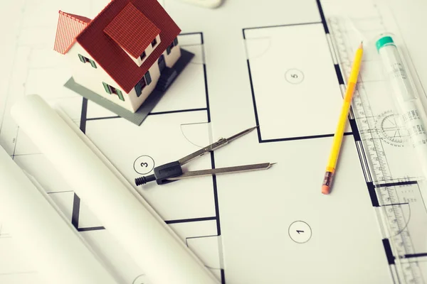 Close up of architectural blueprint and tools — Stock Photo, Image