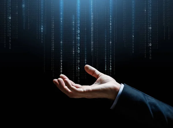 Close up van zakenman hand met binaire code — Stockfoto
