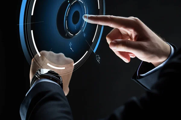 Close up of businessman hands with smartwatch — Stock Photo, Image