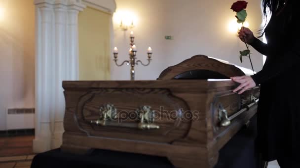 Sad woman putting red rose into coffin at funeral — Stock Video