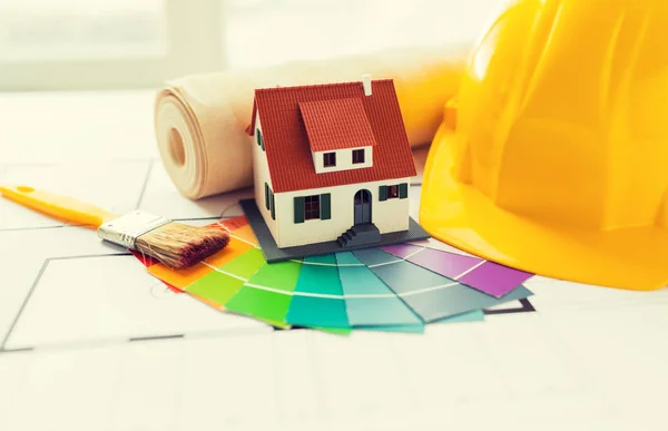 Close up of house blueprint with building tools — Stock Photo, Image