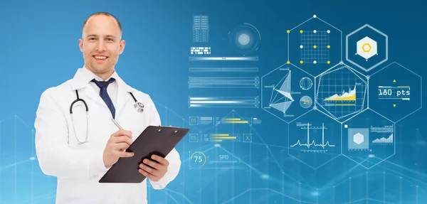 Doctor with clipboard, stethoscope and charts — Stock Photo, Image