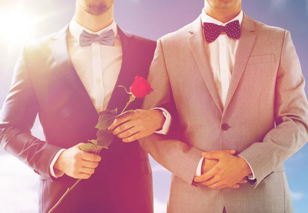 Close up de feliz masculino gay casal segurando as mãos — Fotografia de Stock