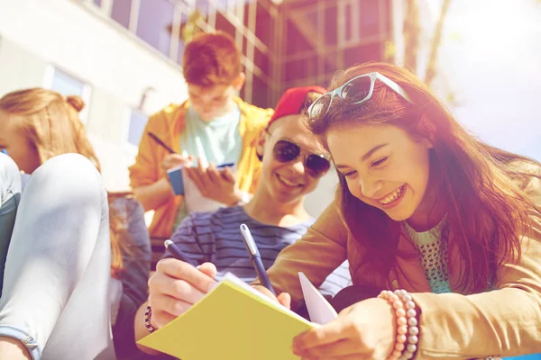 Skupina studentů s notebookem na školním dvoře — Stock fotografie