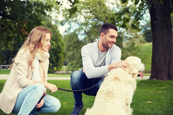 Feliz pareja con perro labrador paseando en la ciudad — Foto de Stock