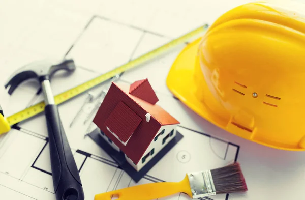 Close up of house blueprint with building tools — Stock Photo, Image