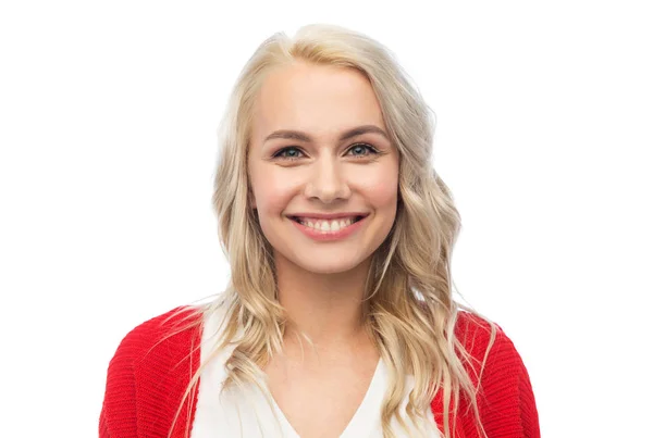 Gelukkig glimlachen jonge vrouw in rood vest — Stockfoto