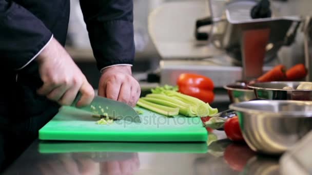 Händerna på manlig kock laga hugga selleri i köket — Stockvideo