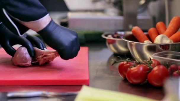 Mãos de chef cortando carne de aves na cozinha — Vídeo de Stock