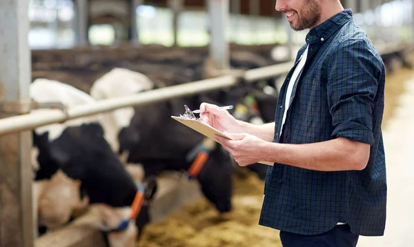 Mezőgazdasági termelő vágódeszkával és tehénnel a tehénistállóban a gazdaságban — Stock Fotó