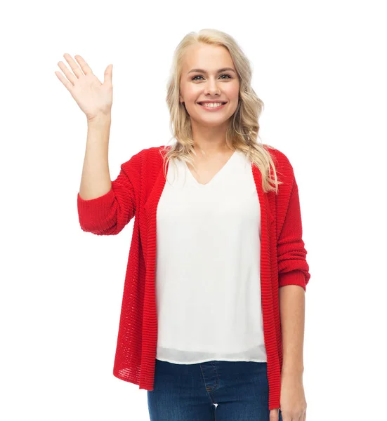 Feliz sorrindo jovem mulher acenando mão sobre branco — Fotografia de Stock