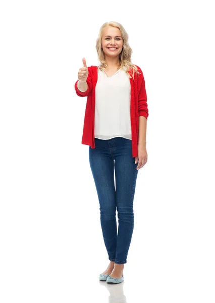 Glücklich lächelnde junge Frau zeigt Daumen hoch — Stockfoto