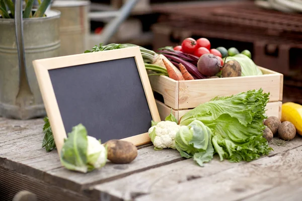 Close up of vegetables with chalkboard on farm — Stock Photo, Image