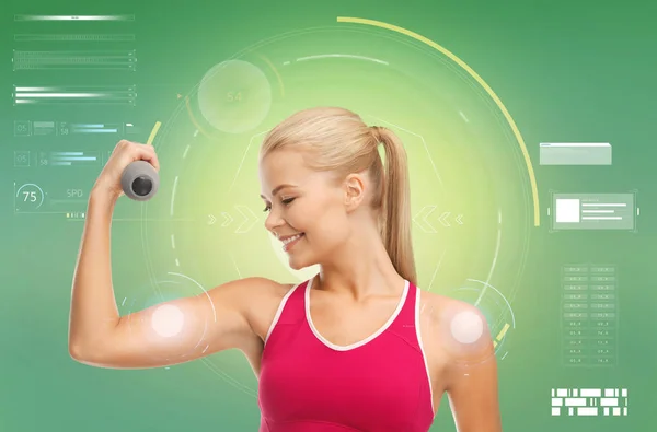 Happy sporty woman with dumbbells flexing biceps — Stock Photo, Image