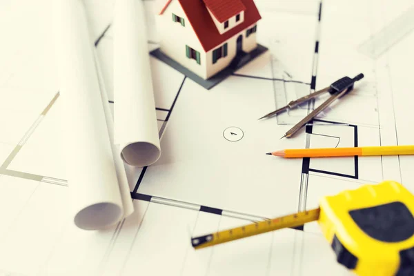 Close up of architectural blueprint and tools — Stock Photo, Image