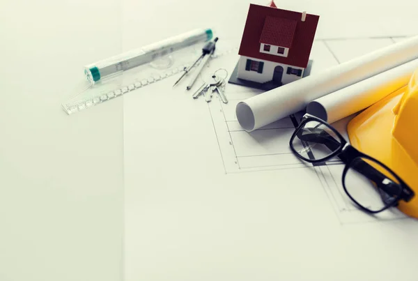 Close up of blueprint with tools and house keys — Stock Photo, Image