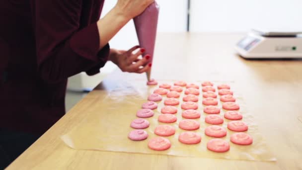 Chef with injector squeezing macaron batter — Stock Video