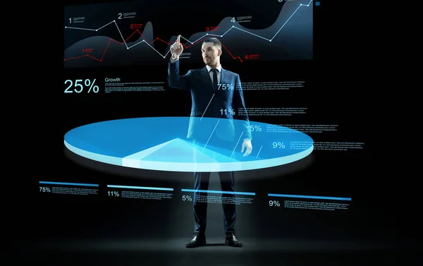 Geschäftsmann arbeitet mit virtuellem Chart-Hologramm — Stockfoto