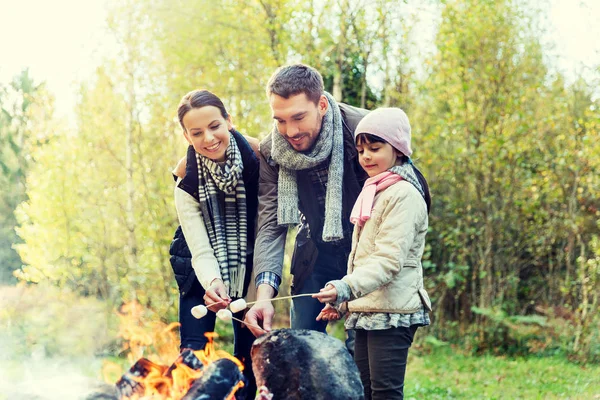Marshmallow roosteren boven kampvuur en gelukkige familie — Stockfoto