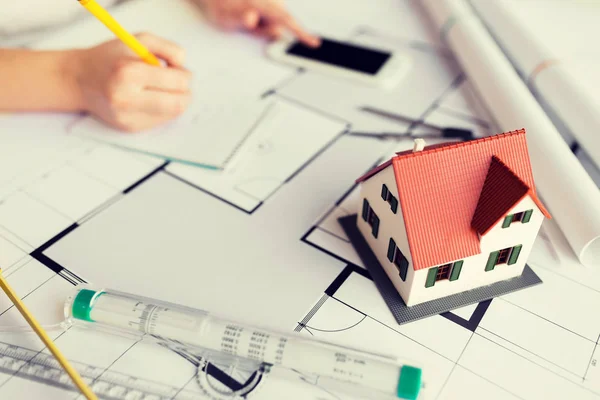 Close up of living house model on blueprint — Stock Photo, Image